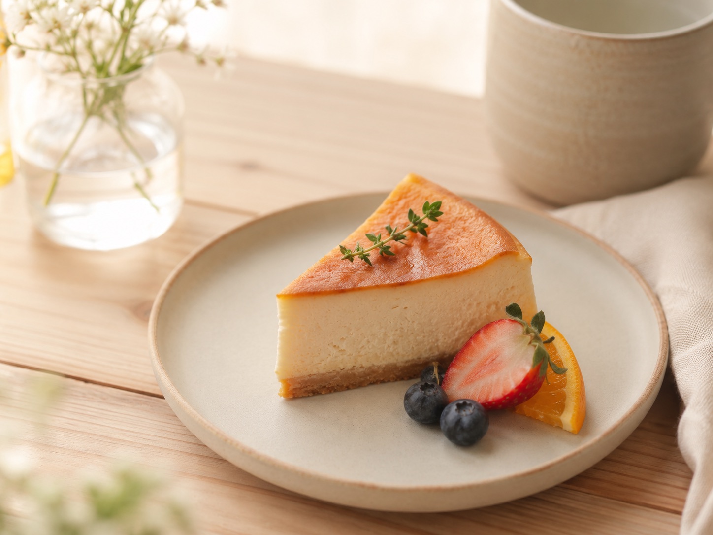 ベリーとオレンジを添えた季節のチーズケーキ