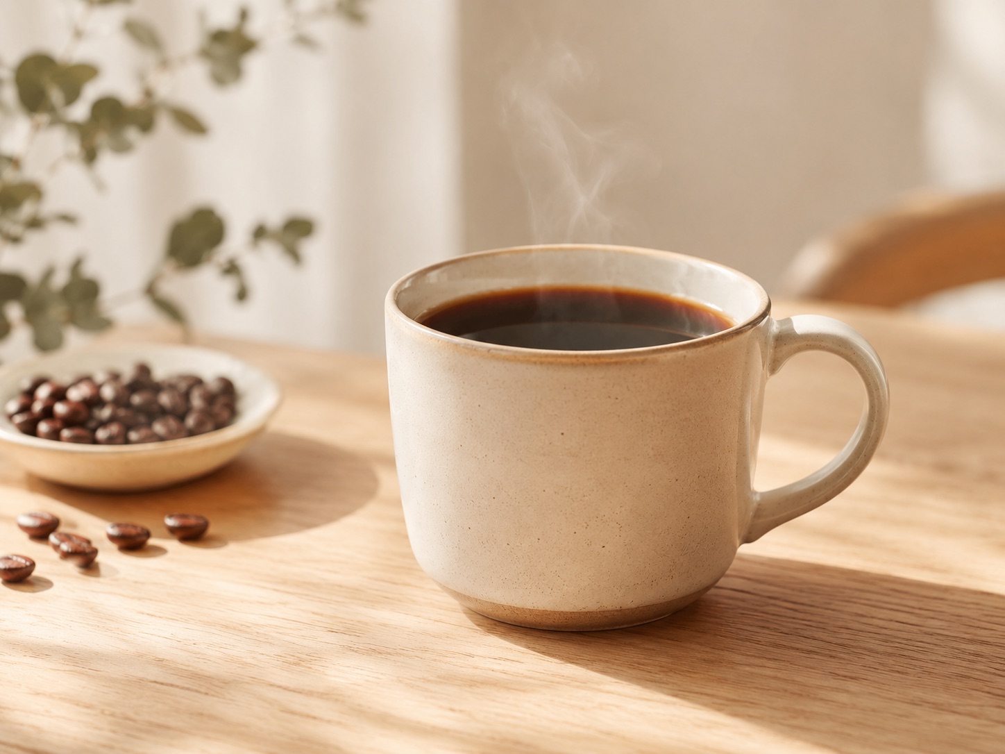 湯気の立つ自家焙煎ブレンドコーヒーと、皿に盛られたコーヒー豆